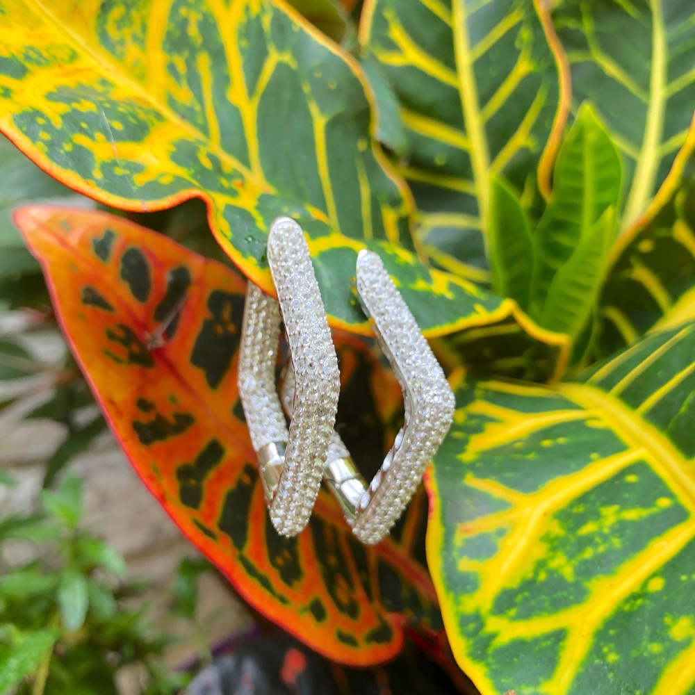 New! Sterling Silver White Sapphire Geometric Hoop Earrings
